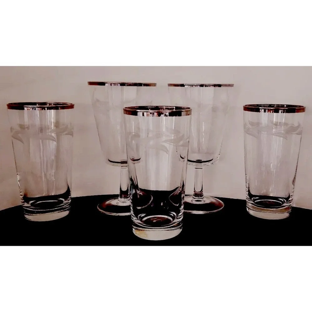 Vtg Platinum Rimmed Laurel Willow Etched Crystal France Glasses 2 Stem 3 Without
